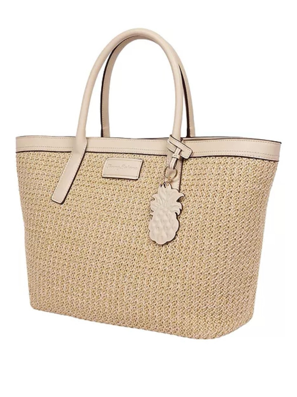 Tommy Bahama Raffia and PU Large Logo Tote with pineapple 🍍 charm-NWT - Picture 3 of 13